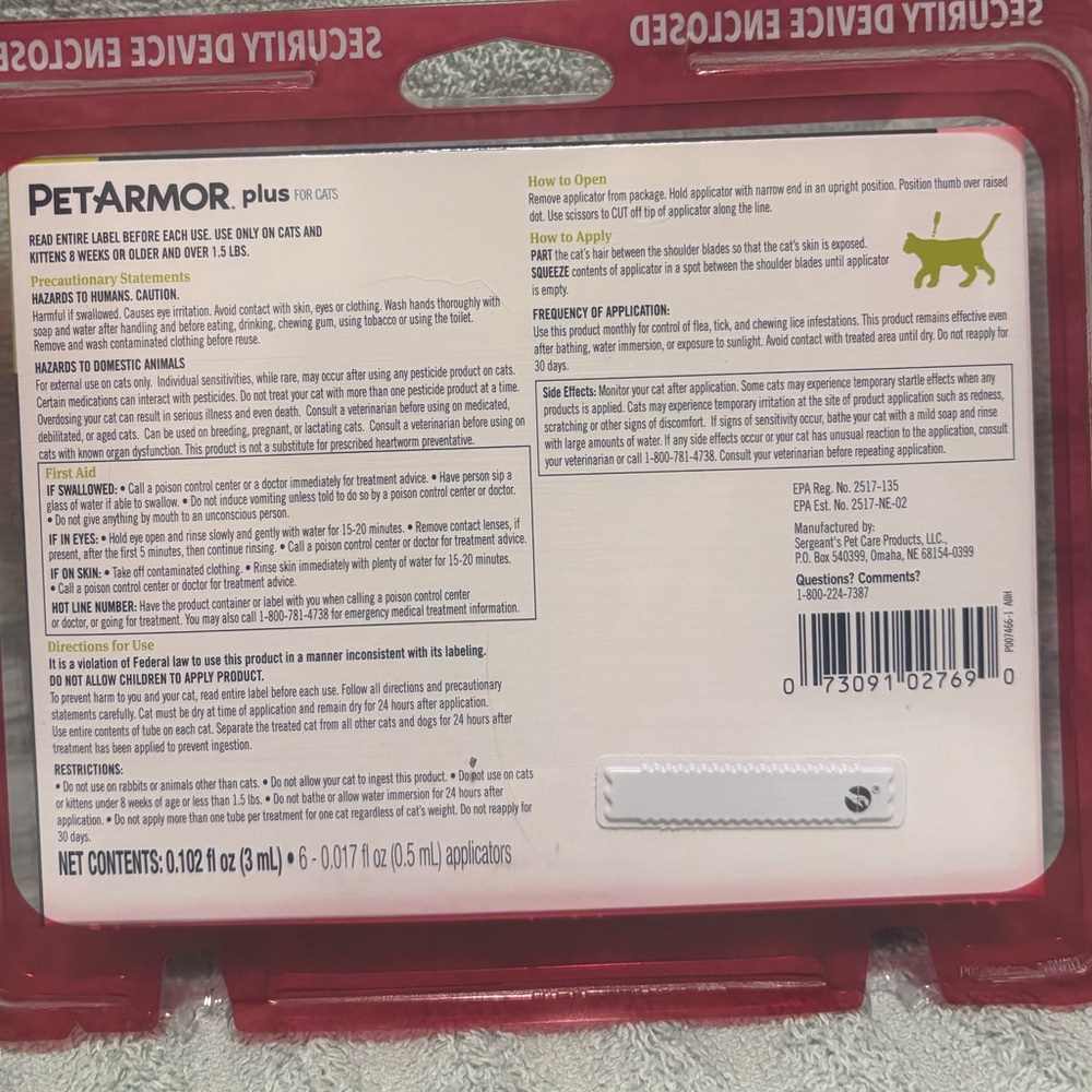 Flea & Tick Treatment Cats — Pet Armor Plus. Over 1.5 lbs.  8 weeks + NEW - Picture 4 of 9
